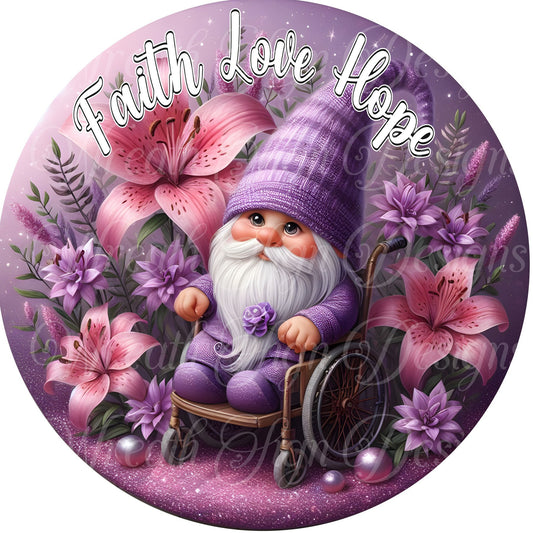 sublimated metal wreath sign, faith love hope purple gnome sign,