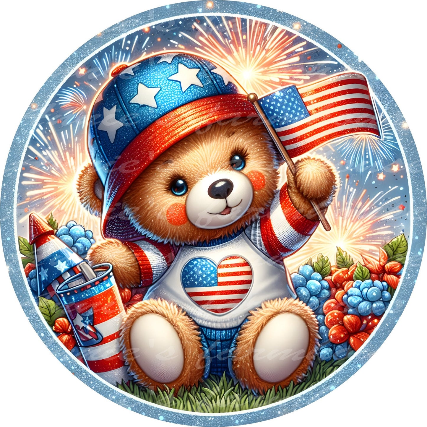 freedom Teddy Bear , patriotic, July 4, independence  liberty metal wreath sign, Round sign,  attachment Wreath center, tiered tray sign