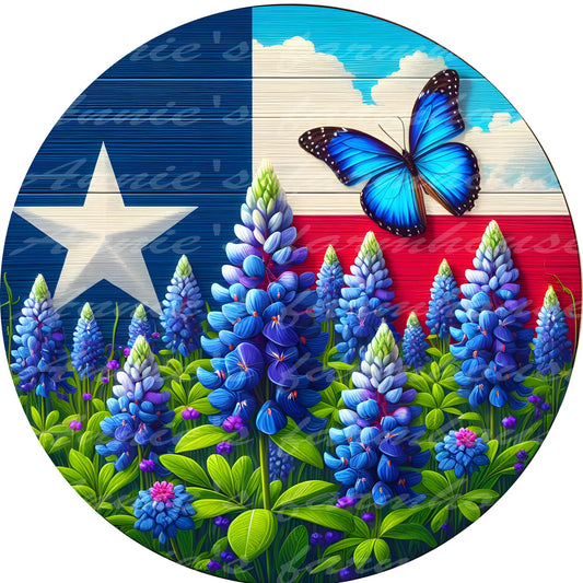 Texas Bluebonnet, butterfly, patriotic, fourth of July, independence day metal wreath sign, Round sign,  attachment Wreath center,