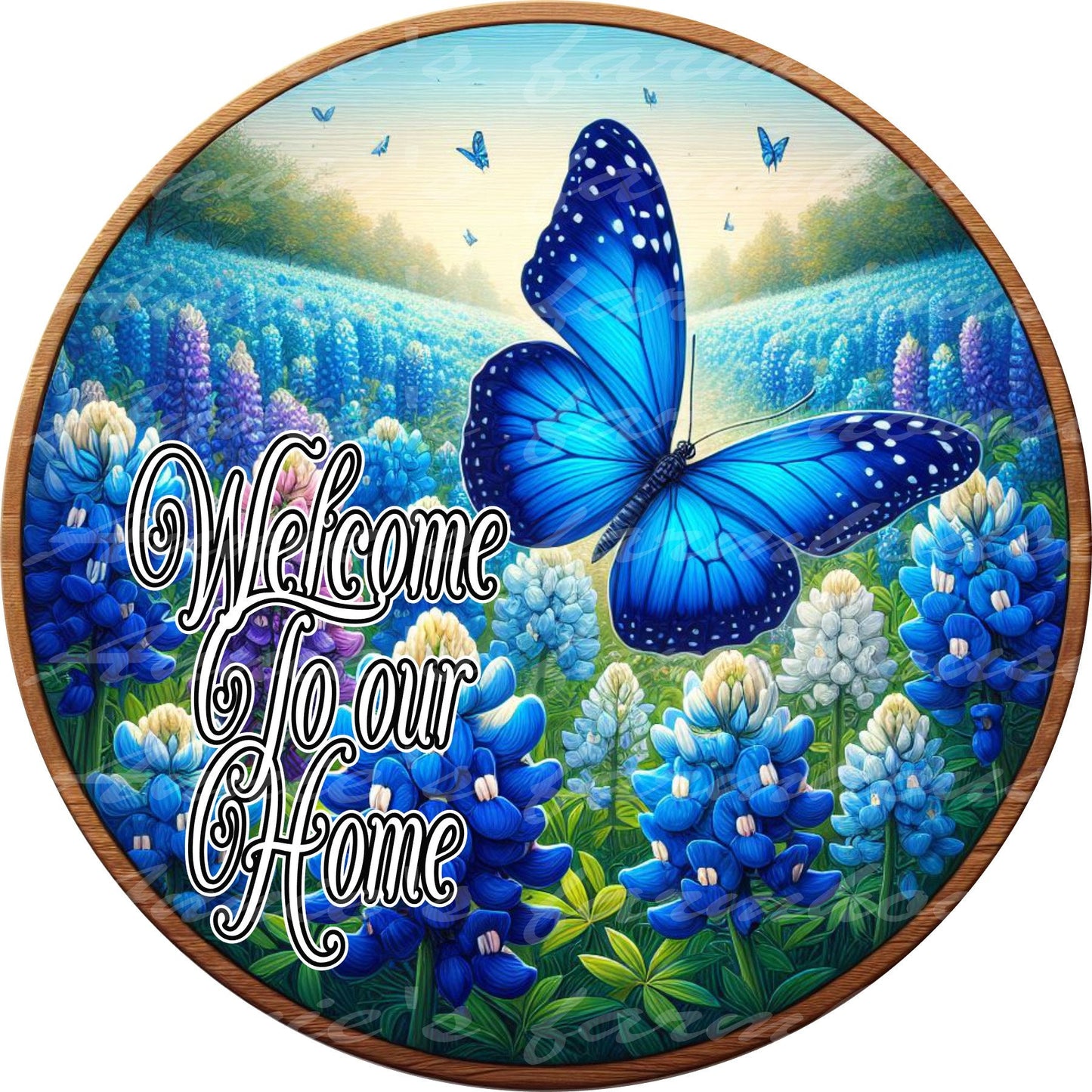 Welcome blue butterfly round metal sign, Spring blue bonnet sign, wreath center, wreath attachment, Wreath sign