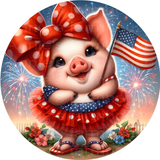 freedom pig , patriotic, July 4, independence, liberty metal wreath sign, Round sign,  attachment Wreath center, Americana Piggy sign