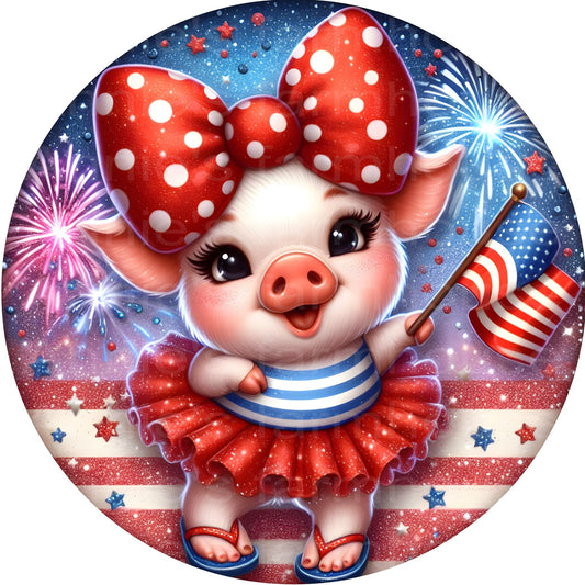 freedom pig , patriotic, July 4, independence, liberty metal wreath sign, Round sign,  attachment Wreath center, Americana Piggy sign
