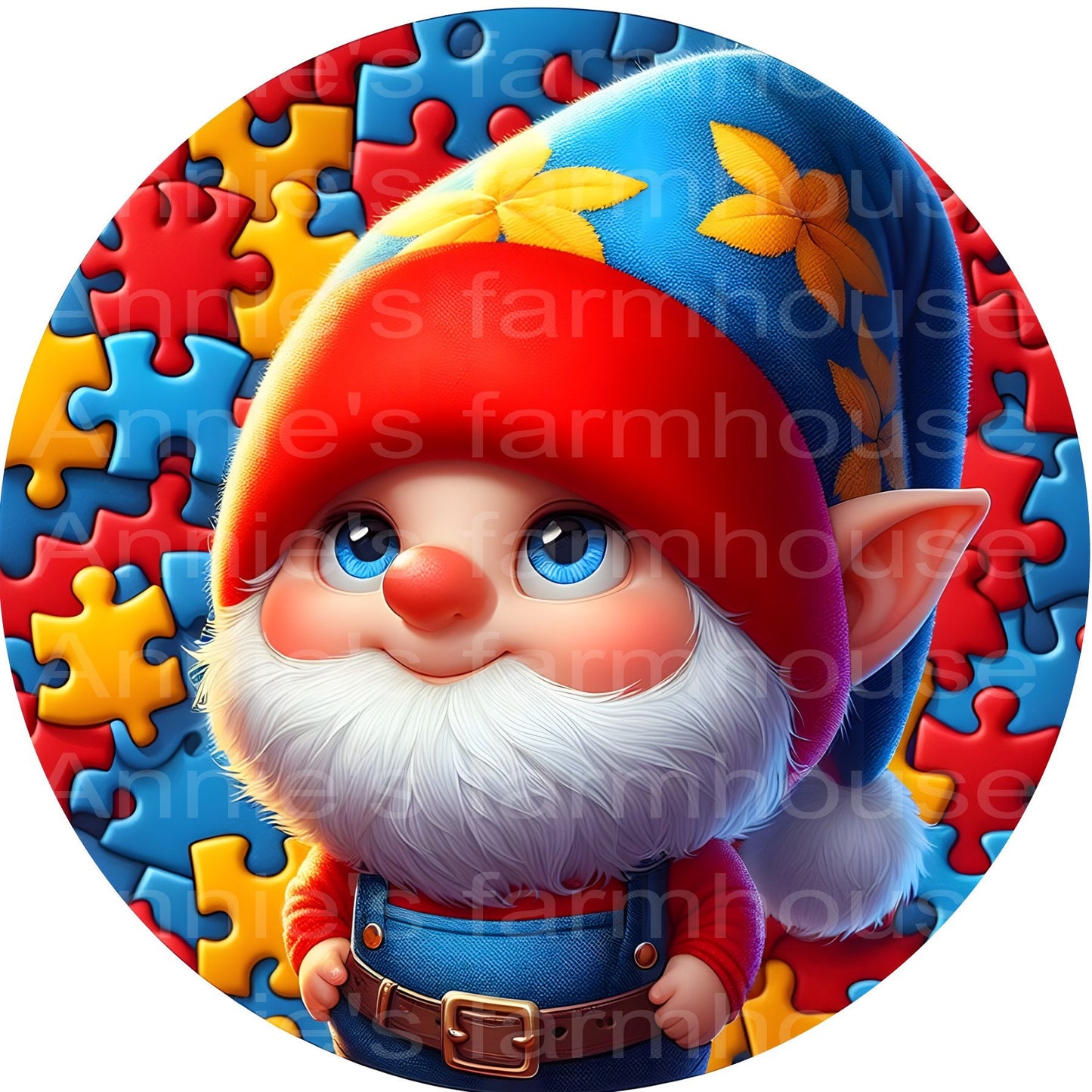 Round metal wreath sign, autism gnome puzzle pieces wreath center