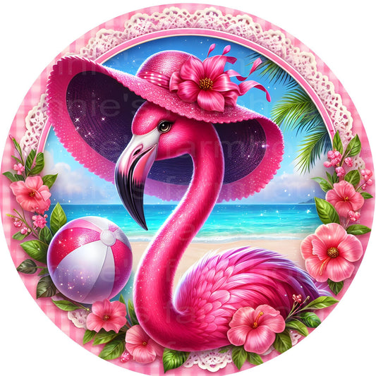 Tropical Flamingo hello sign, Wreath Sign, Wreath Center, Wreath Attachment,  Metal Sign, Tropical sign