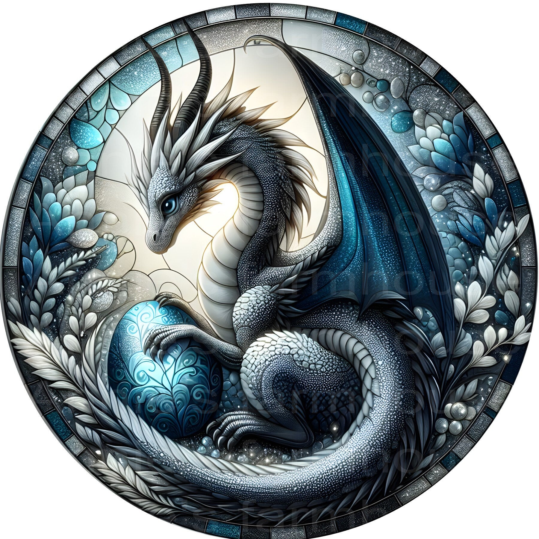 metal wreath sign, mythical fantasy stained glass dragon sublimation r ...