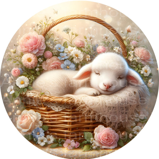 Springtime baby lamb  round metal wreath sign, Flowers, lamb, wreath sign, center, attachment, plaque