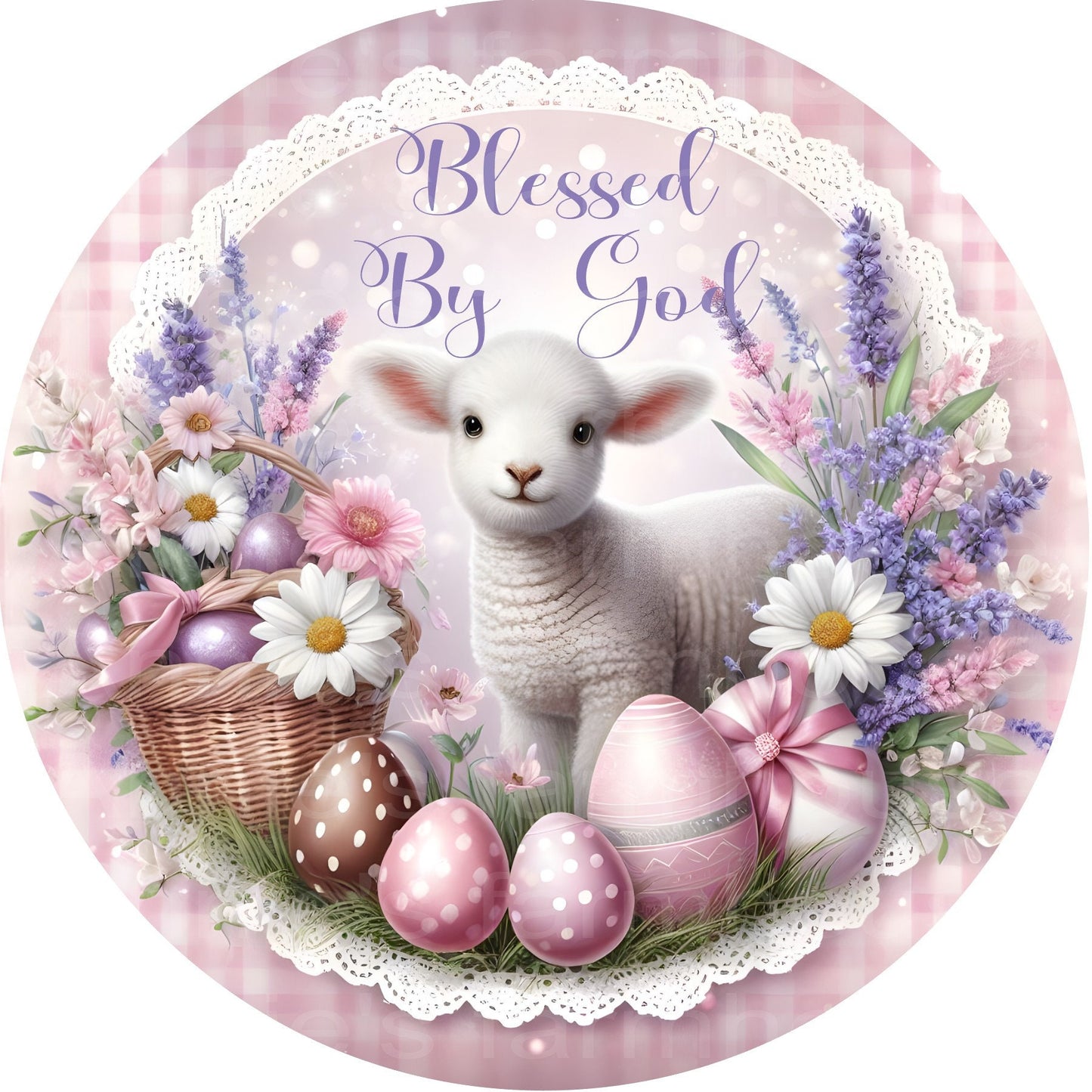 Easter Lamb round metal wreath sign, Easter eggs, Flowers, Lamb, wreath sign, center, attachment, plaque