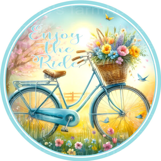 Springtime blue bike sign, bike, bicycle door sign, metal wreath sign, Round sign,  attachment Wreath center, tiered tray sign