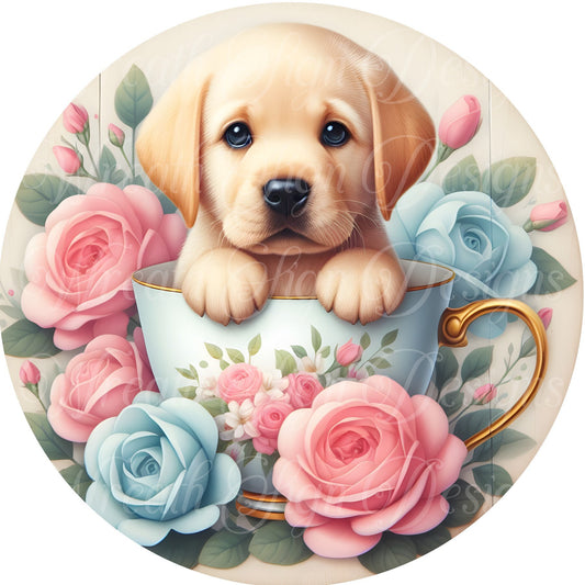 Golden Retriever puppy dog in a tea cup sign for wreath, puppy metal sign,  spring time Round sign, Wreath attachment, Wreath center,