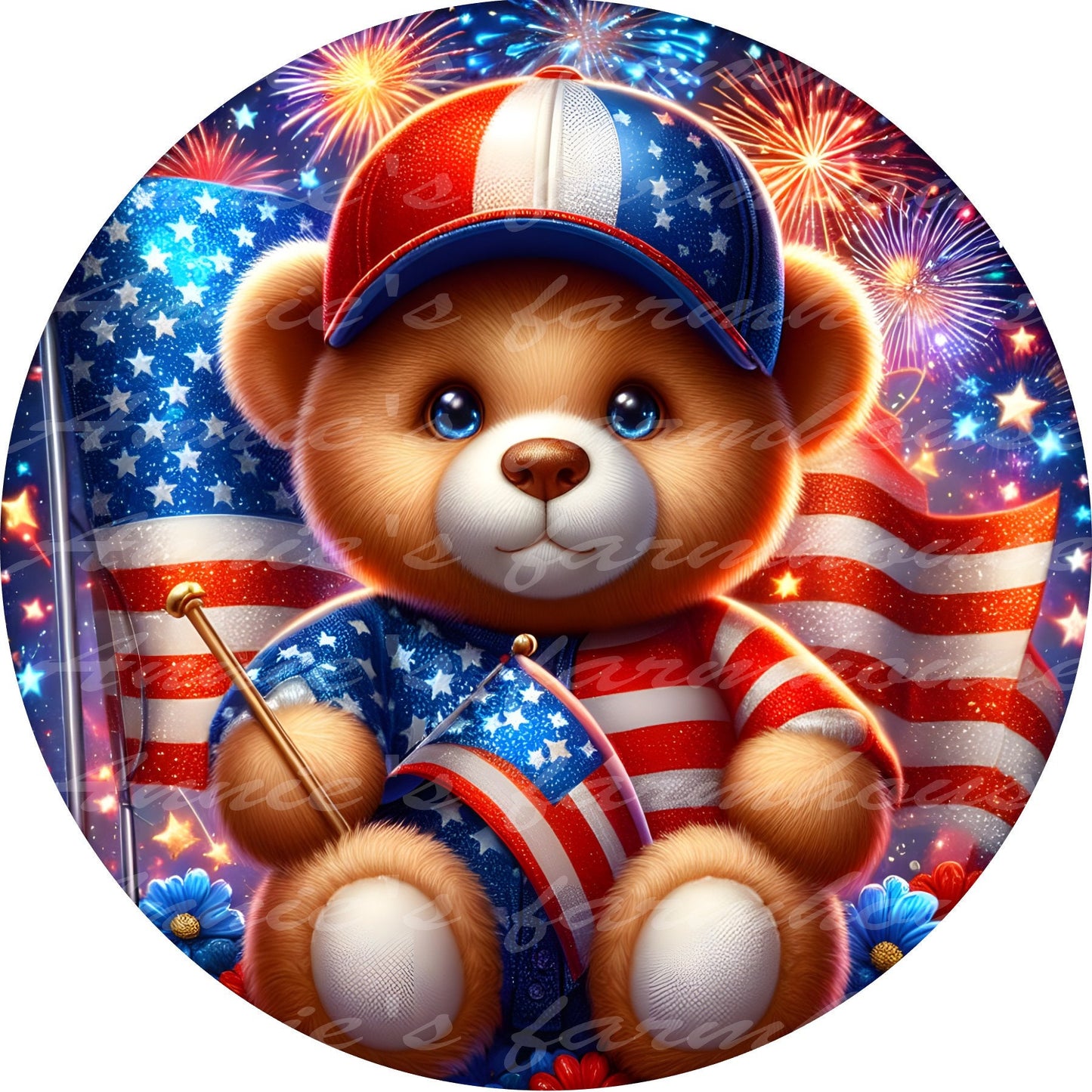 freedom Teddy Bear , patriotic, July 4, independence  liberty metal wreath sign, Round sign,  attachment Wreath center, tiered tray sign