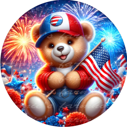 freedom Teddy Bear , patriotic, July 4, independence  liberty metal wreath sign, Round sign,  attachment Wreath center, tiered tray sign