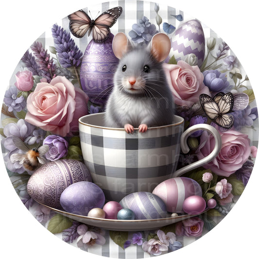 Mouse in a Tea cup wreath sign, welcome spring, Easter Eggs,  metal sign  Round sign, Wreath attachment, Wreath center,
