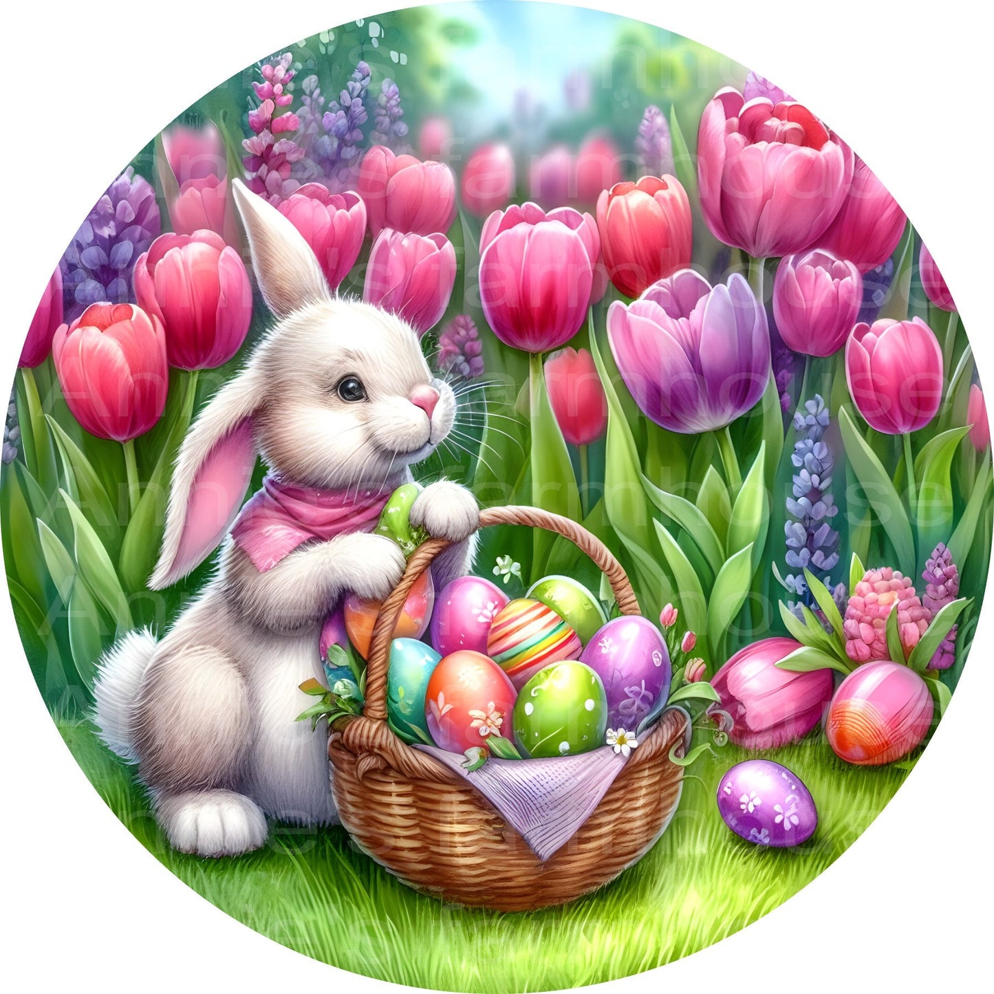 Rainbow Easter Rabbit, Easter Bunny, Spring, Easter Eggs and Flowers, Round metal sublimated wreath sign