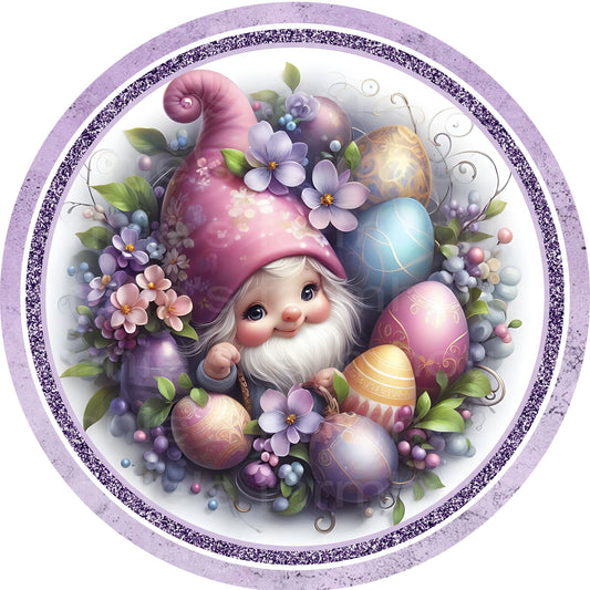 Easter Gnome with flowers and colorful Easter Eggs round metal wreath sign, wreath center, wreath attachment, plaque