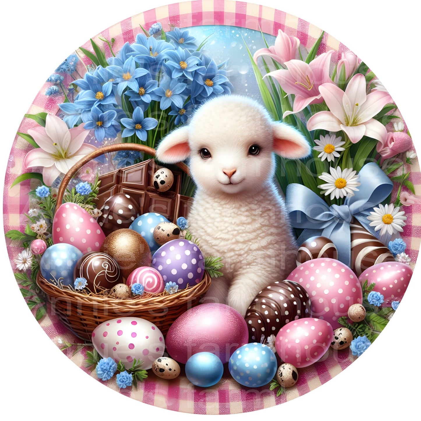 Easter Lamb round metal wreath sign, Easter eggs, Flowers, Lamb, wreath sign, center, attachment, plaque