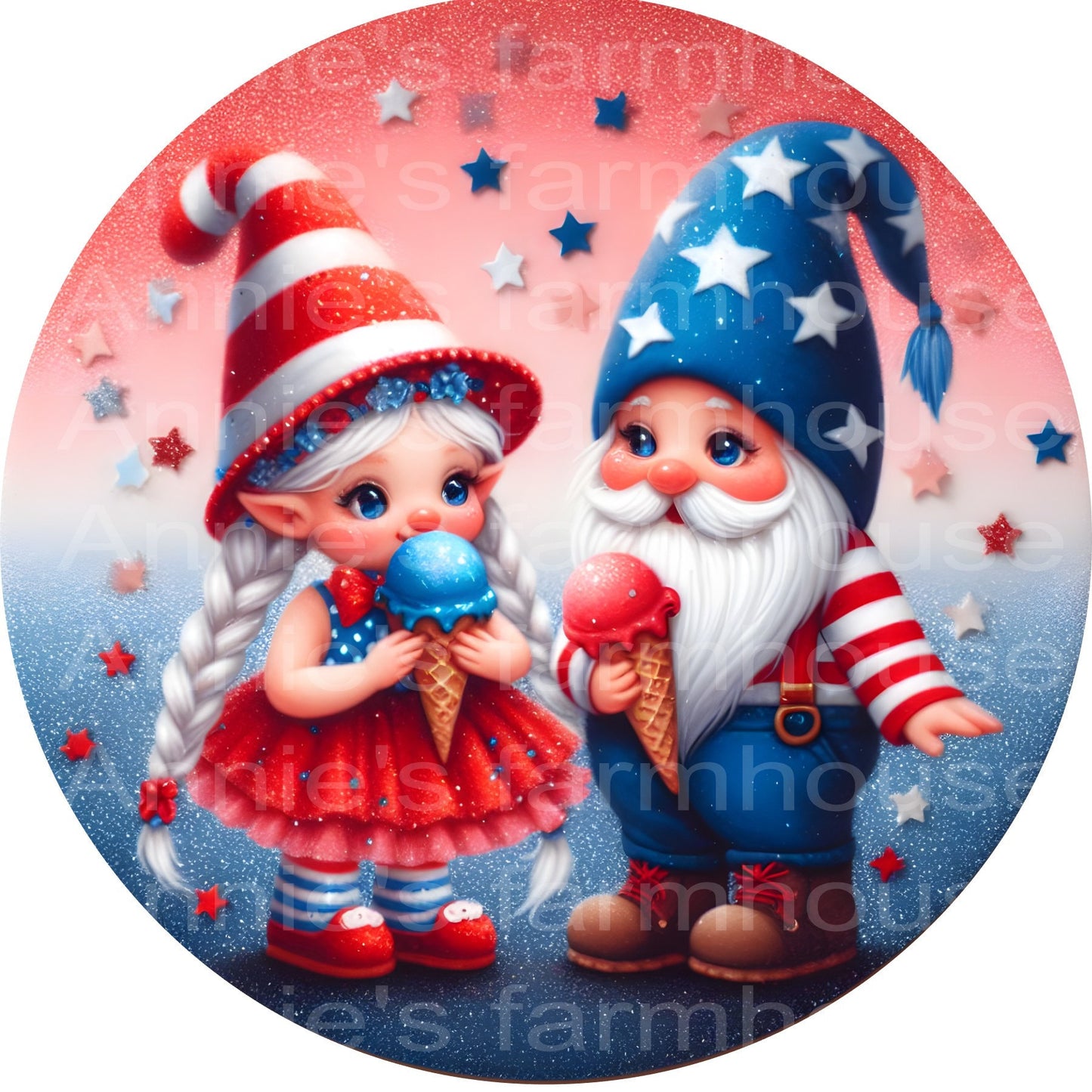 Americana, ice cream, gnomes, patriotic, fourth of July, independence day metal wreath sign, Round sign,  attachment Wreath center,