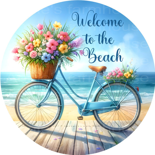 Welcome to the beach, blue bike sign, bike, bicycle door sign, metal wreath sign, Round sign,  attachment Wreath center, coastal sign