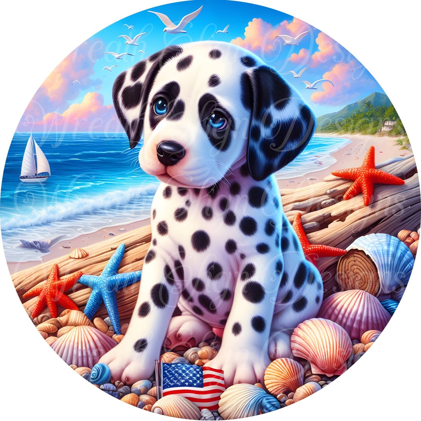 freedom puppy, dog , patriotic, July 4, independence,  liberty beach metal wreath sign, Round sign,  attachment Wreath center, Americana, ,