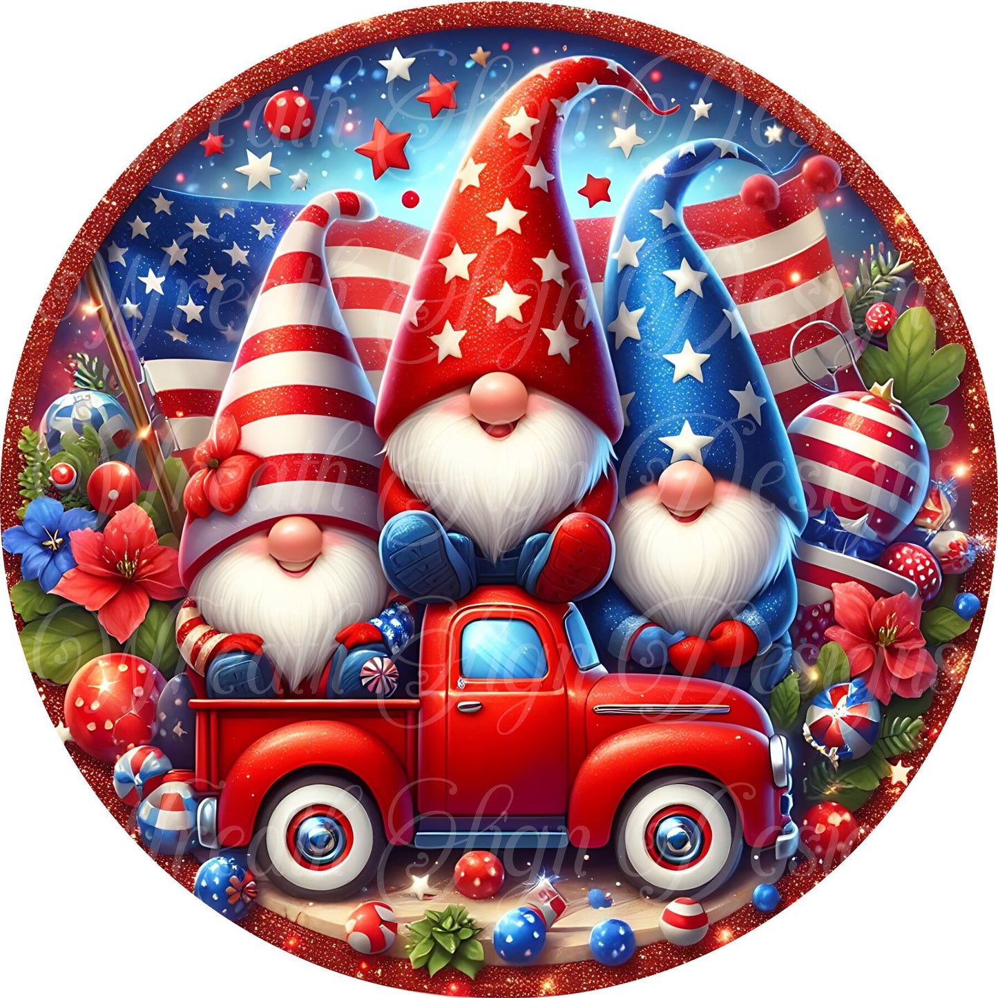 Patriotic Gnome and in red truck wreath sign, freedom sign, Americana, fourth of July, Independence Day gnome round metal wreath sign